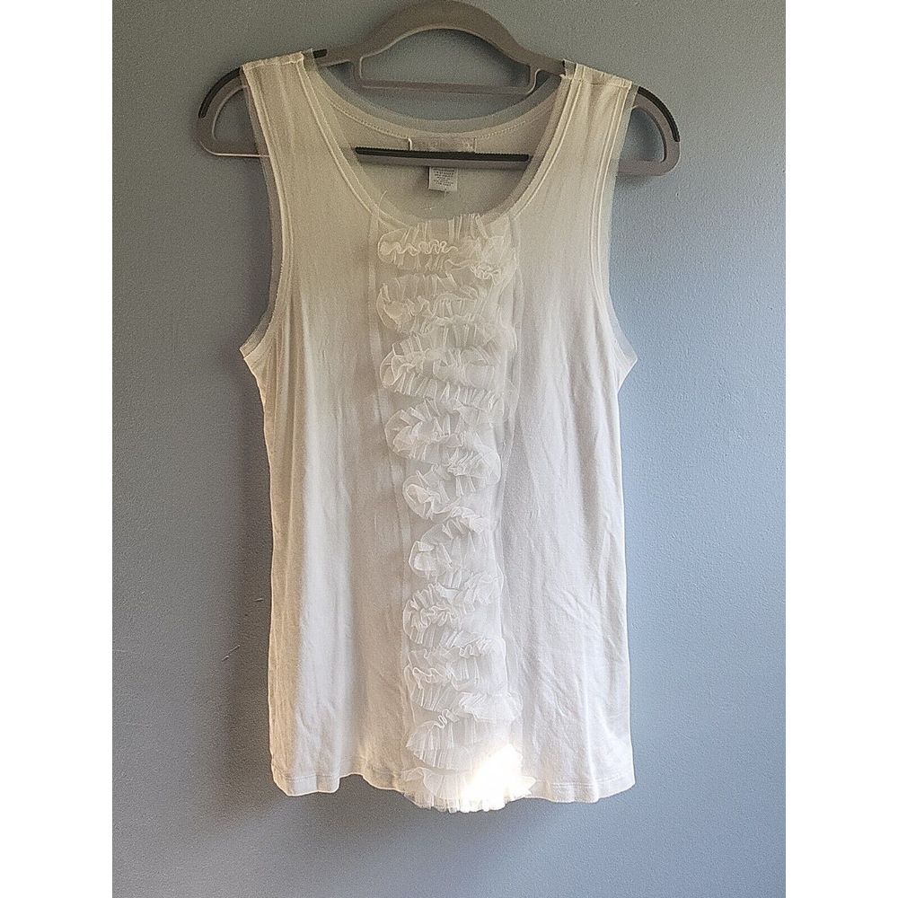 Design History womens sleeveless white Tank‎ w/ ruffle design, size Small